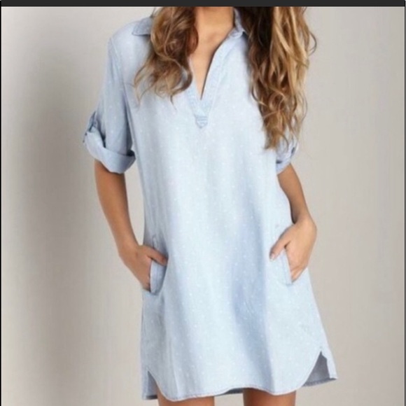 cloth & stone Dresses & Skirts - Cloth + Stone Tencel Blue Polka Dot Shirt Dress L